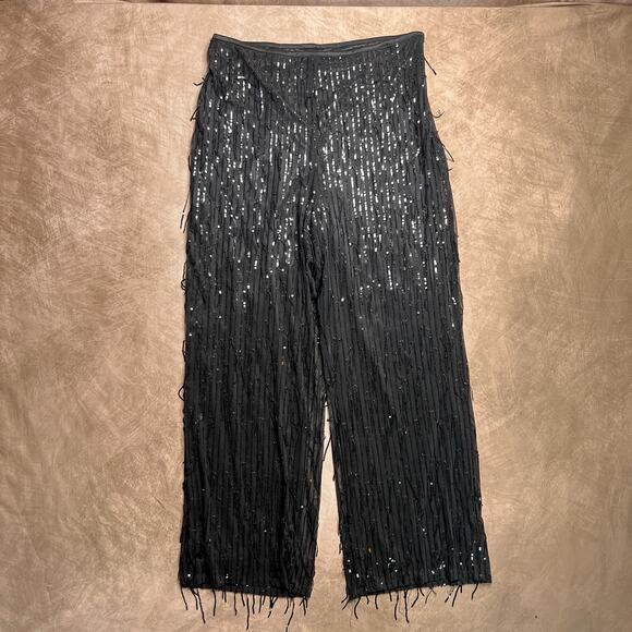 Black Sequin Fringe Sparkle Pants Straight Leg Mesh Party Disco Formal Western - Picture 8 of 8